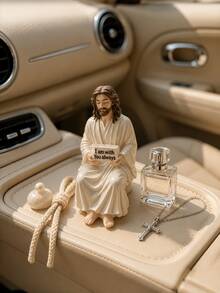 1pc Resin Jesus Figurine, Handmade Sitting Jesus Statue Decor With "I Am Always With You" Sign, Suitable For Car Dashboard, Home And Office Desk, Unique Religious Gift - A - View 5