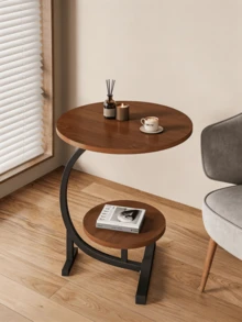 1pc 2-Tier Round Wooden Side Table, Curved C-Shaped Black Metal Frame End Table, Double Layer Storage Accent Coffee Table For Sofa Bedroom Living Room Home Decor - Multiple Specifications - View 8