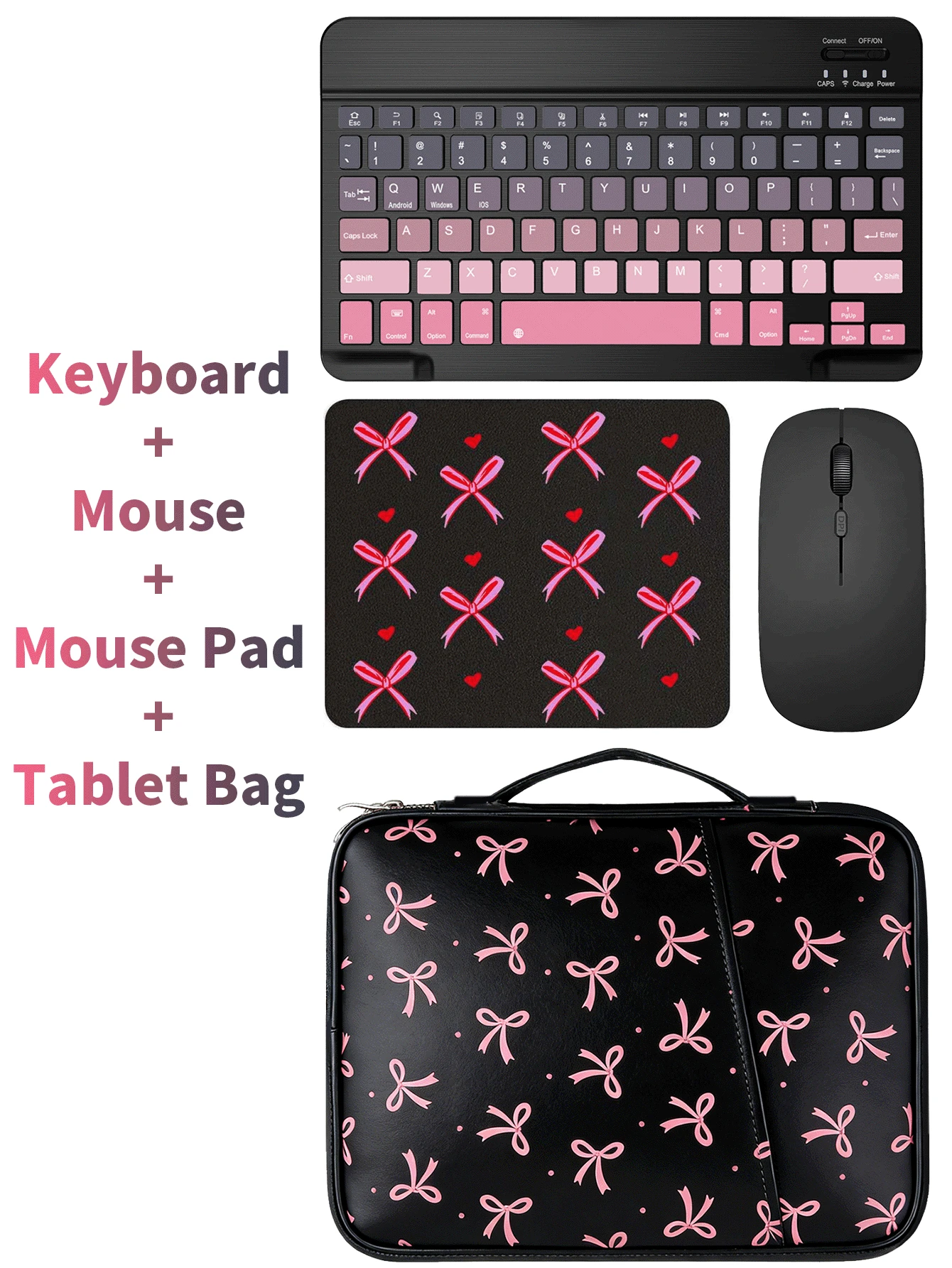 Teclado Bluetooth lindo + Funda protectora para tableta con lazo + Ratón + Alfombrilla para ratón,Teclado inalámbrico portátil (150mAh) Juego de ratón,Compatible con tabletas ,Apple,Compatible con Android Compatible con IOS Compatible con Windows.