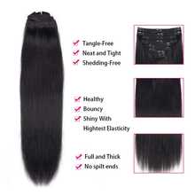 Extensiones de Cabello con Clip de Cabello Humano Color Negro Natural 8 Piezas/Set con Extensión Recta con Clip Cabeza Completa Brasileño 18 Clips Extensión de Cabello para Mujeres - Natural Black - Ver 9