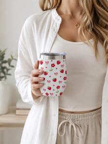 1 Pc 12oz Kawaii Floral Tumbler Cup With Lid, Cute Bee Daisy/ Strawberry Print Travel Mug, Aesthetic Pastel Insulated Coffee Cup For Women, Reusable Daily Drinkware For Office, School, Daily Use - Multicolor - View 7