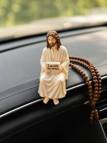 1pc Resin Jesus Figurine, Handmade Sitting Jesus Statue Decor With "I Am Always With You" Sign, Suitable For Car Dashboard, Home And Office Desk, Unique Religious Gift - A - View 11