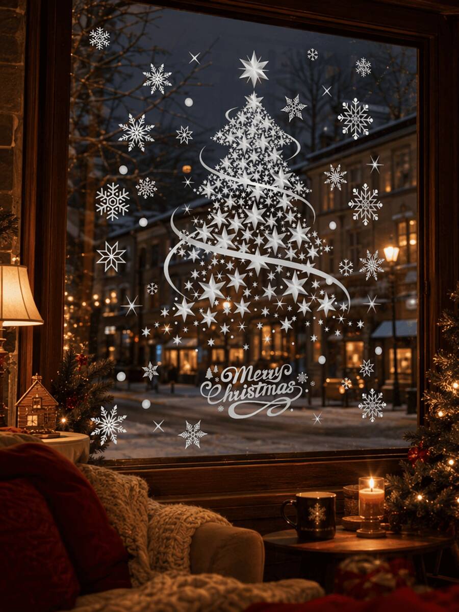 2sheets/Set Merry Christmas Oversized Silver Christmas Tree Pattern Window Cling Sticker, Reusable Glitter PVC Decal For Holiday Display, Suitable For Glass, Walls And Doors, Waterproof PVC, Cartoon Theme Glass Door Decor With Static Cling - A - View 1