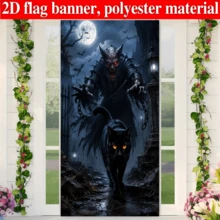 2D Flag - Halloween Theme Banner Background, Featuring A Dark Night Demon, Black Cat, Full Moon, And Bat, Along With An Ancient Castle Scene. Made Of Polyester Material, No Power Supply Required. - View 6