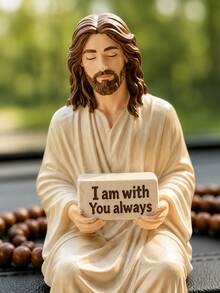 1pc Resin Jesus Figurine, Handmade Sitting Jesus Statue Decor With "I Am Always With You" Sign, Suitable For Car Dashboard, Home And Office Desk, Unique Religious Gift - A - View 8