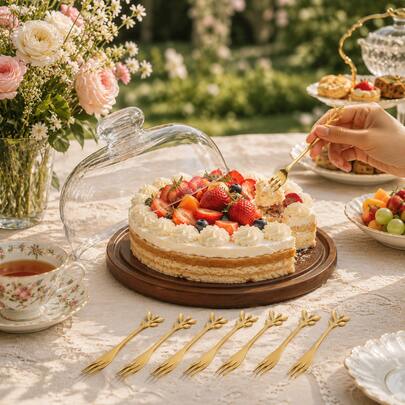 WGROOM Wooden Dessert Serving Tray Set With Clear Glass Dome Lid, Cake Display Stand, 3 Sizes Available, Includes 6 Stainless Steel Forks, Elegant Food Presentation Set