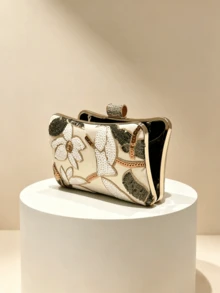 Floral Sequin Evening Clutch Bag, Hard Shell Wallet, Elegant Handheld Bag Suitable For Weddings, Galas And Parties - Gold - View 4