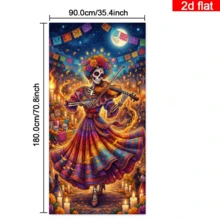 2D Flat Day Of The Dead Skeleton Violinist Door Curtain, Colorful Traditional Costume Skeleton Image With Marigolds, Candles And Colorful Flags Background, Mexican Day Of The Dead Style, Polyester Material Durable And Easy To Care For, No Power Required, Suitable For Day Of The Dead, Halloween Theme Decoration, Indoor And Outdoor Wall Hanging, Create Rich Festive Atmosphere - 1PC - View 6