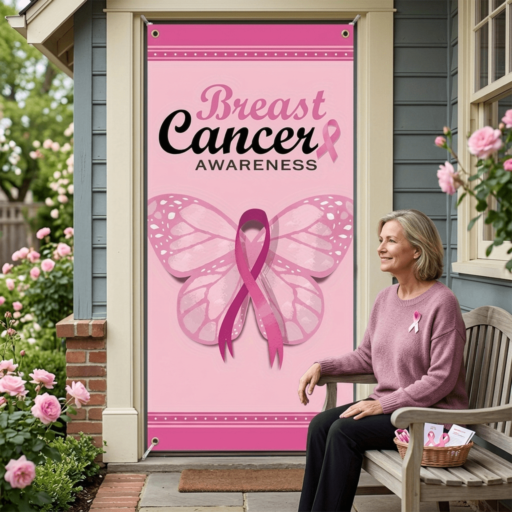 2D Flat Banner Breast Cancer Awareness Banner Polyester Pink Ribbon Hope Strength Courage Photo Background Multi-Purpose Porch Decor For Promotional Events, Non-Electric, 1pc