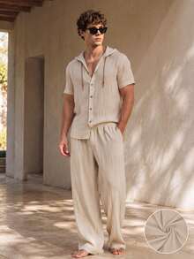 Men's Linen Set, Genuine Linen Hooded Jacket And Pants 2 Pieces Set, Breathable Casual Outfit For Spring, Summer, Autumn, Vacation, Minimalist - Khaki - View 1