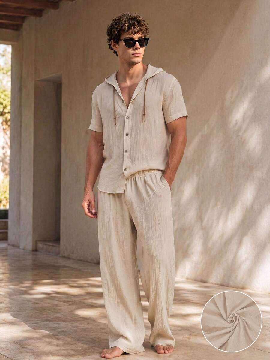 Men's Linen Set, Genuine Linen Hooded Jacket And Pants 2 Pieces Set, Breathable Casual Outfit For Spring, Summer, Autumn, Vacation, Minimalist - Khaki - View 1