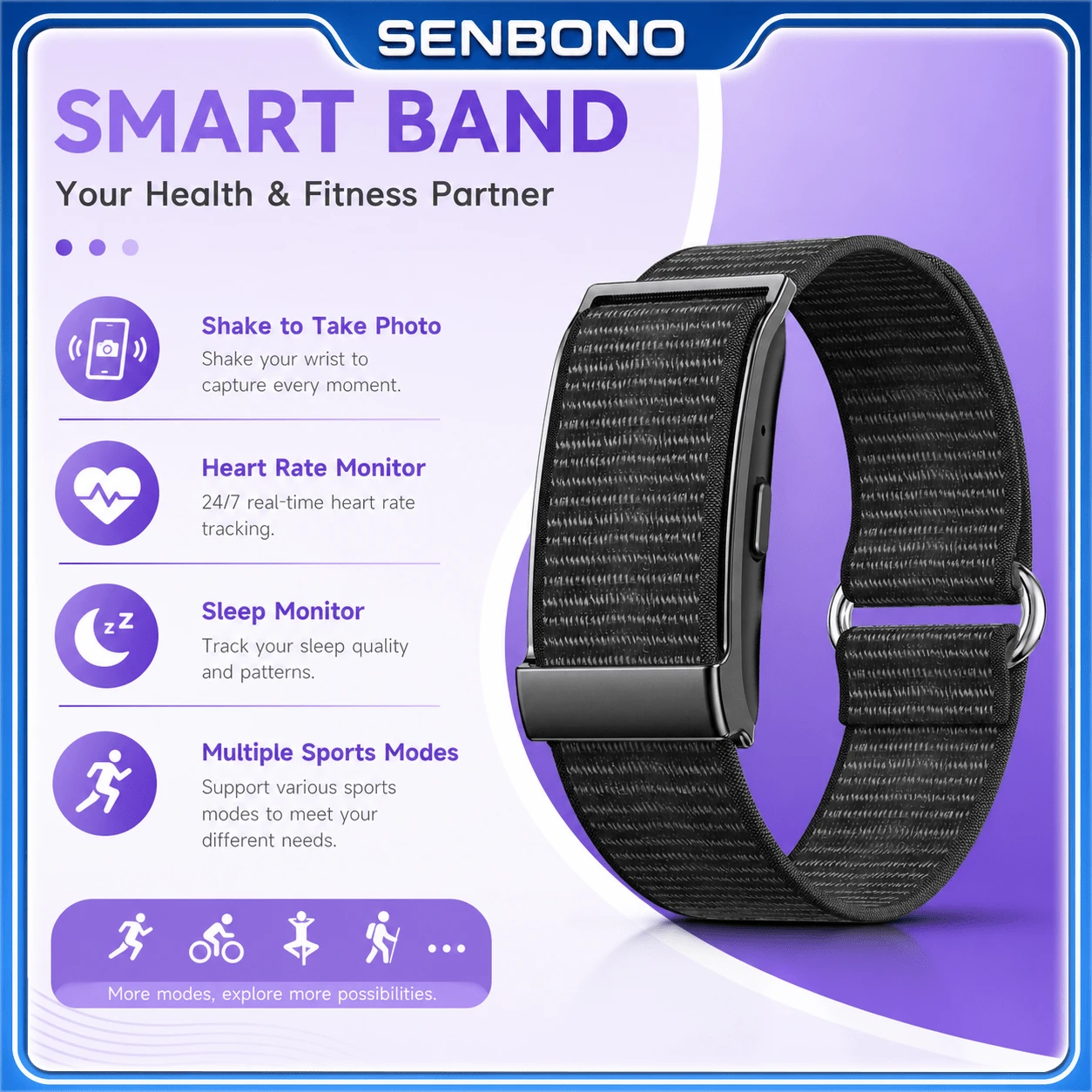 SENBONO New Smart Band: Fitness Tracking, Multi-Sport Modes, Fitness Tracking Band, 24-Hour Sleep Monitoring, All-Day Continuous Heart Rate & Blood Oxygen Monitoring, Lightweight Body - Fashionable Multi-Function Smart Watch