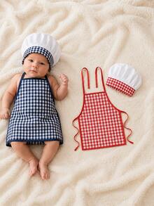 2pcs Newborn Photography Props, Includes Apron And Chef Hat, Kitchen Cooking Theme Photo Props For Baby Boys And Girls, Plaid Pattern Chef Outfit, Milestone Commemoration, Baby Party Gift - Multicolor - View 7