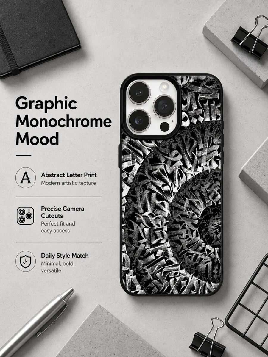 Street Punk Gothic Letter Phone Case Compatible With Iphone 17 16 15 14 13 12 11 Pro Max, Monochrome Black White Doodle Abstract Script Graffiti Repeat All Over Matte Black Frame Shockproof TPU Phone Shell - Black - View 1