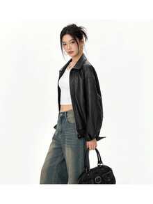 Premium Fashion Versatile Leather Jacket, Solid Color Zipper Leather Coat, College Style, Vacation, Daily Wear, Spring/Autumn - Black - View 2