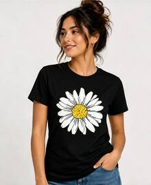 Y2K Simple Daisy Graphic Crew Neck Short Sleeve Tee Casual Loose Fit Daily Summer Top For Women - 黑色 - 查看 4