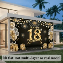 2D Flat Banner 18th Birthday Decoration Background, Black & Gold Glitter Fireworks Theme Birthday Backdrop, Perfect For Family Gatherings, Weddings, Coming Of Age Ceremonies, Welcome Decorations And Home Events, Also Suitable For Cake Table Decoration, Photo Backdrop Decoration, And An Ideal Gift For Parents And Party Planners - Multicolor - View 3