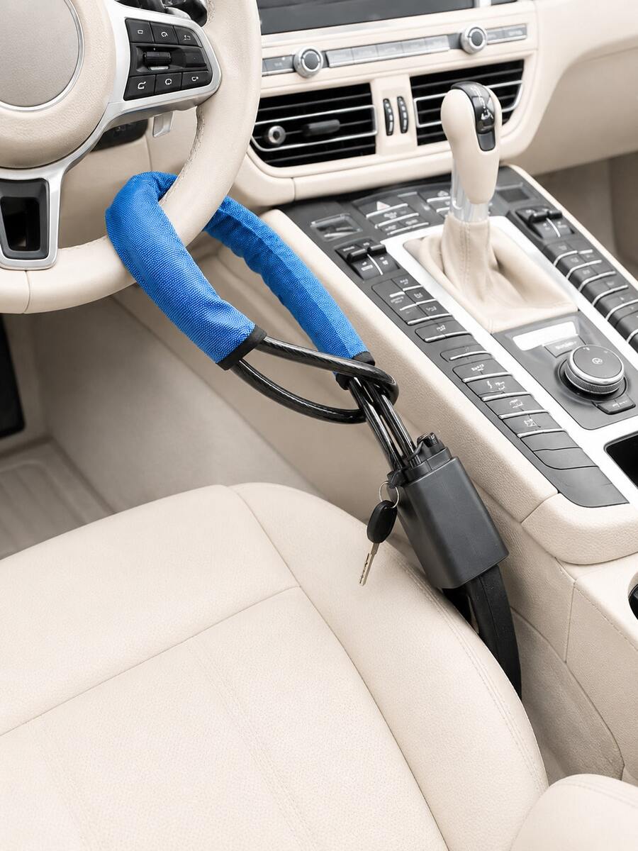 Steering Wheel Lock Anti Theft Device For Car, Seat Belt Lock, Buckle Lock, Universal Car Security Lock With 3 Keys, Braided Steel Cable Wire Rope Lock, Cut Resistant Antitheft Locking Device, Fits Most Cars Suv Truck Van, Visible Theft Deterrent