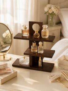 1pc Wooden Layered Storage Rack, 3-Layer Dark Brown Wooden Perfume Display Rack With Hollow Round Decoration, Multi-Layer Counter Top Makeup Rack For Perfume Bottles, Cosmetics, Jewelry, Decorative Storage Rack For Bedroom Dresser, Dresser - View 6