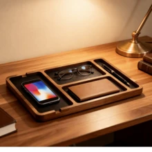 Solid Wood Desktop Organizer Box, Multi-Compartment Storage Box For Glasses/Phone/Earphones, Office Desk Tray With Dividers - Multicolor - View 3