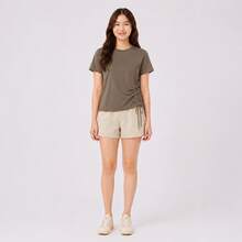 Li-Ning Women's Adjustable Drawstring Side Ruched Elastic Quick-Dry Breathable Cropped Short Sleeve Fitness T-Shirt ATSV900 - Palm Brown - View 3