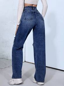 Vaqueros casuales de moda para mujer, nuevos vaqueros rectos con acabado lavado. - 2027 azul - Ver 4