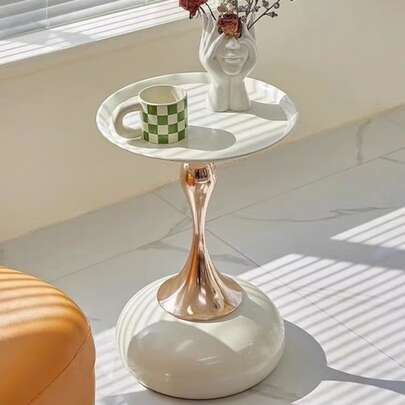 Modern Glossy Round Side Table, Gold Metal Tulip Column Decorative Corner Table, Black And White Colors Available, Luxury Small Sofa Side Table, Waterproof Smooth Tray-Style Tabletop Bedside Cabinet, Creative Curved Bracket Snack And Drink Storage Table, Suitable For Living Room, Bedroom, Balcony Home Decor Furniture