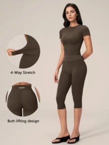 TimeOff Women's One Set Solid Color Round Neck Short Sleeve Slim Fit Butt-Lifting Mid-Length Pants Sports Set - Coffee Brown - View 11
