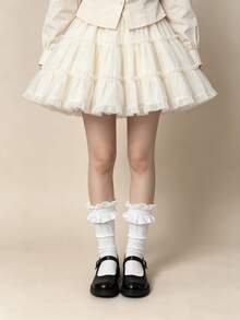 1/3 Pairs Summer Early Autumn French Style Satin Ruffle Sweet Versatile Mid-Calf Socks - Multicolor - View 2