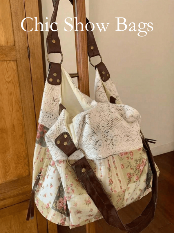 Dedoo 2026 Summer Vintage Lace Floral Plaid Patchwork Tote Bag,Women's Versatile Shoulder Handbag,Large Capacity,Suitable For School,College Campus
