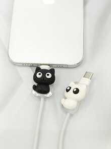 2pcs Black/White Big Eye Cat Cable Protector, High Transparency Shell Long-Lasting Non-Yellowing Scratch-Resistant, Transparent Soft Silicone Anti-Bend Anti-Break Cable End, Commuting Dorm Home Charging, Watching Movies While Charging And Playing Daily Use, Compatible With Apple 18W/20W PD Fast Charging, Simple Cute Digital Gift For Best Friend - 2pcs Black Cat - View 2