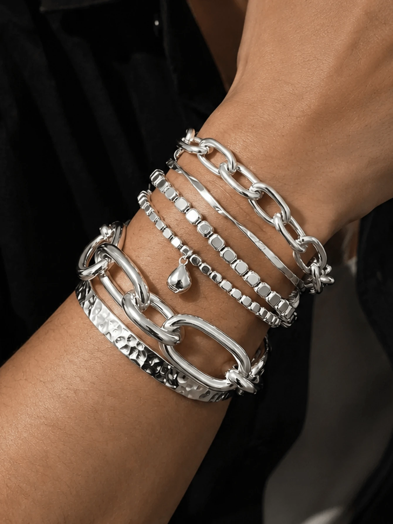 6pcs Fashion Punk Street Casual Minimalist Hip-Hop Style Geometric Pattern Beaded Bracelet Set For Men, Vacation Party Date Travel Shopping Beach Daily Wear Versatile Combination - Silver - View 1