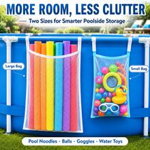 2pcs Poolside Mesh Storage Bags (1 Large White Trim Bag + 1 Small Blue Trim Bag), Hanging Pool Storage Bags, Swimming Pool Storage Bag Set, Toy Storage Organizer, Mesh Hanging Bag, Space-Saving, Easy To Clean, Multi-Functional Storage Hanging Bag With Bracket, Hook Mesh Bag, Toy & Float Storage, Say Goodbye To Clutter - Multicolor - View 4