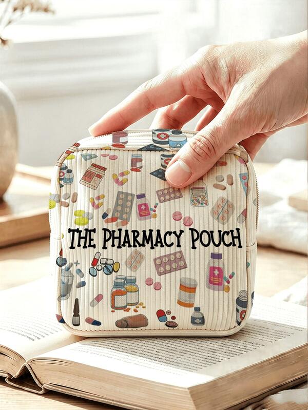 New "THE PHARMACY POUCH" Letter Pattern Makeup Bag - Compact Medicine Storage Bag With Zipper, Medical Bag, Toiletry Bag, Travel Essential, Suitable For Medicines, Cosmetics And Travel Supplies, Portable Medical Storage Bag, Can Store Medicines And Medical Supplies, Multi-Functional Coin Purse, Can Also Be Used As Makeup Bag, Sanitary Napkin Storage Bag, Exquisite Portable Small Bag For School, Work, Travel And Vacation (Print Cutting Position And Fabric Texture Direction Are Random)