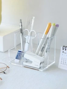 1件透明壓克力3格筆筒，簡約時尚多功能收納盒，適用辦公室與學生書桌，返校季桌面辦公用品、辦公配件、學校用品 - 無色 - 查看 7