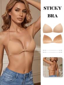 2/1 Pair Of Women's Invisible Strapless Sticky Bra, Fashionable Solid Color Push-Up Bra, Suitable For Parties, Weddings, Dresses Or Daily Use - Apricot - View 1