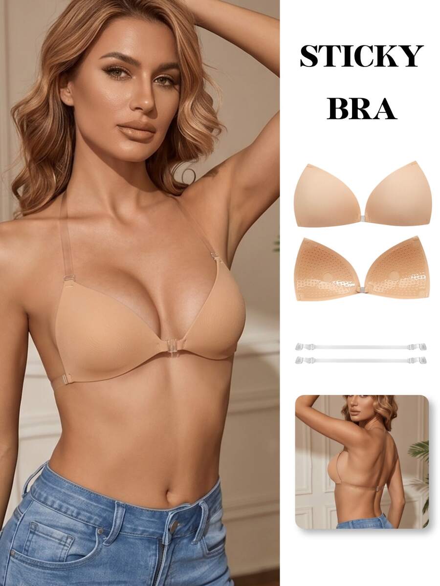 2/1 Pair Of Women's Invisible Strapless Sticky Bra, Fashionable Solid Color Push-Up Bra, Suitable For Parties, Weddings, Dresses Or Daily Use - Apricot - View 1