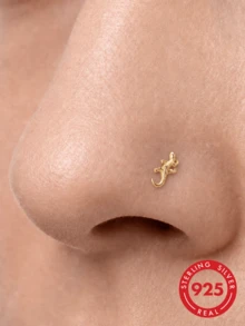 1Pc 925 Sterling Silver Fashion Lizard Nose Stud Flat Back Hypoallergenic Cartilage Body Piercing Jewelry For Women Men Daily Wear & Gifts - Gold - View 1