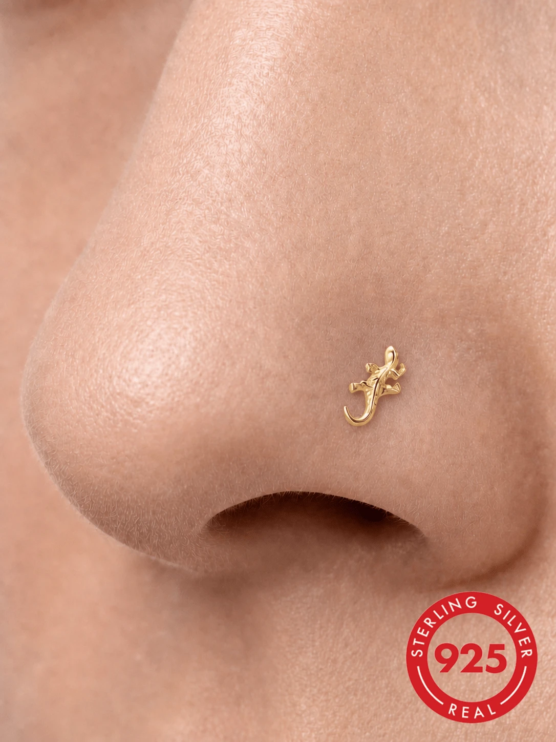 1Pc 925 Sterling Silver Fashion Lizard Nose Stud Flat Back Hypoallergenic Cartilage Body Piercing Jewelry For Women Men Daily Wear & Gifts - Gold - View 1