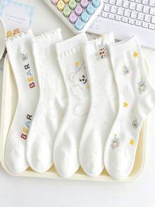 1/5 Pairs Summer Breathable Thin Cute Cartoon Bear Versatile Mid-Calf Socks - Multicolor - View 13