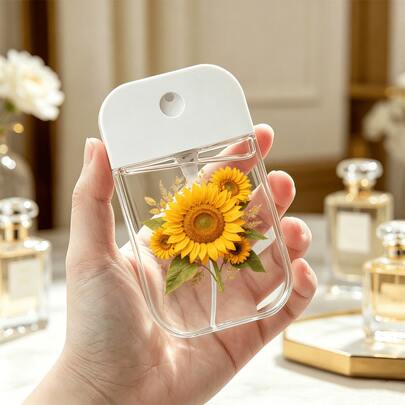 Portable Card-Shaped Press Spray Refillable Bottle, One Bunch Of Vibrant Sunflower/Lotus/Strawberry Bow, Pure Black Background Print - Transparent Reusable, Suitable For Travel, Can Be Used For Perfume, Toner, Liquid Cosmetics, Empty Bottle For Women Commuters Beauty On-The-Go