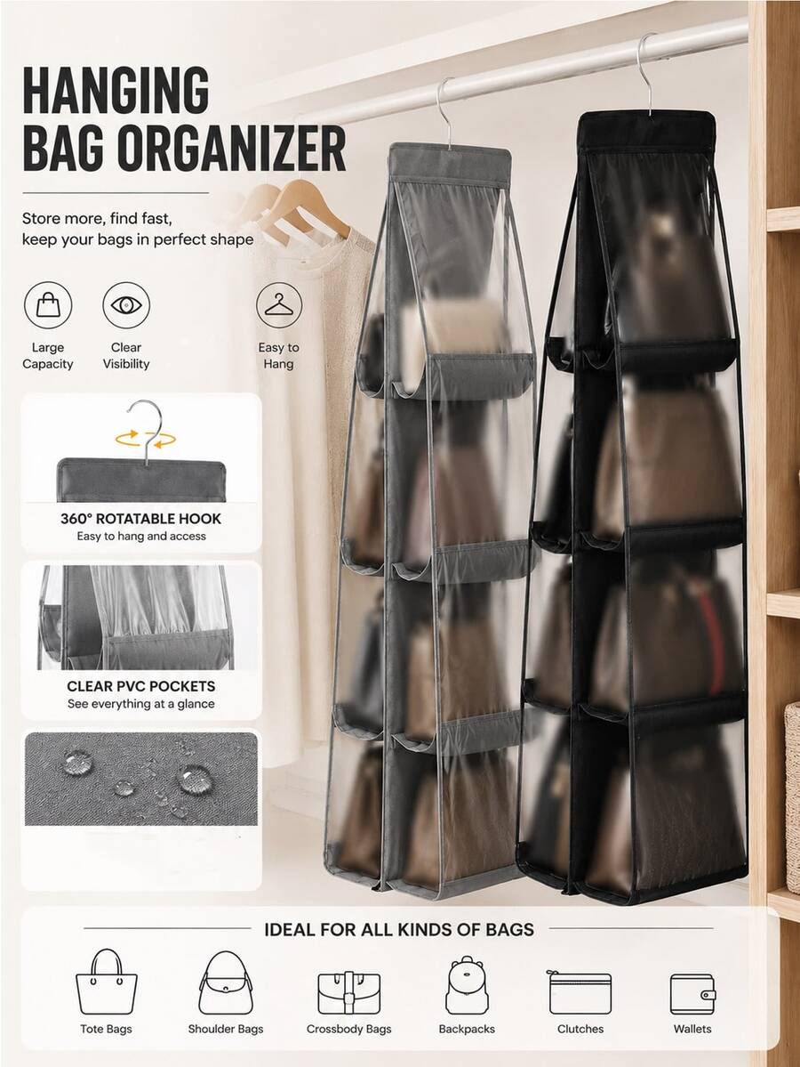 8/6-Slot Space-Saving Hanging Storage Bag, Multi-Pocket Wall-Mounted Handbag & Wallet Organizer, Closet & Wardrobe Hook Storage, Suitable For Handbags, Wallets & Accessories, Ideal For Closet, Storage Rack & Bedroom Organization
