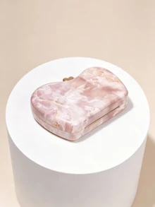 1pc Pink Faux Marble Box Clutch Bag With Asymmetrical Water Drop Gold Buckle, Detachable Chain Crossbody Small Purse For Wedding Toast And Evening Dress - Coral Pink - View 7