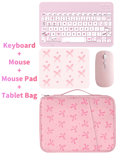 Cute Bluetooth Keyboard + Bowknot Tablet Protective Case + Mouse + Mouse Pad, Portable Wireless Keyboard (150mAh) Mouse Set, Compatible With Samsung Tablet, Apple, Android, IOS, Windows. (Pink)