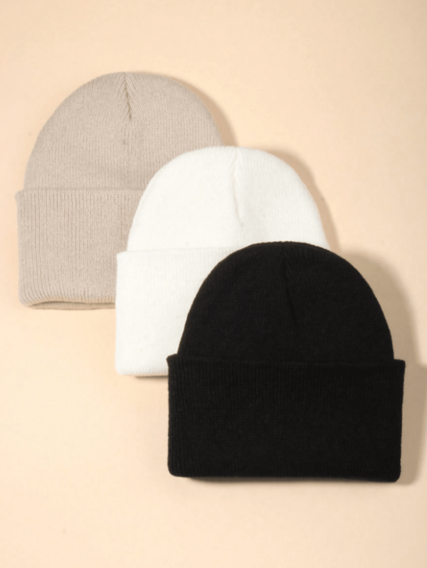 Cappello in maglia caldo per bambini Autunno/Inverno Colore unito con risvolto piegato Berretto 3 pezzi/Set