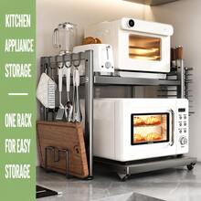 CASEGRACE 1pc Adjustable & Expandable 2-Tier Microwave Rack, Heavy Duty Carbon Steel Kitchen Countertop Storage Rack With Kitchen Utensil Hooks, Space-Saving Kitchen Countertop Appliance Organizer - Multicolor - View 5