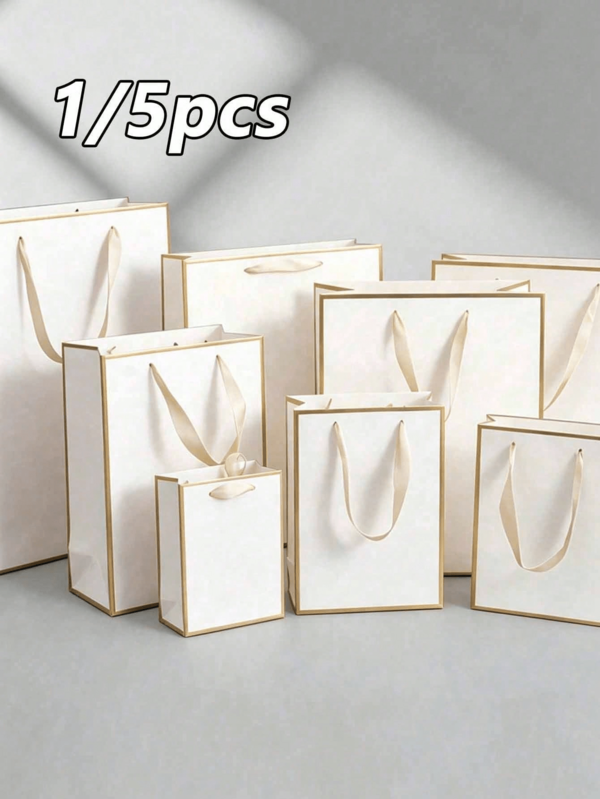 5/10pcs White Gold Gift Bags With Ribbon Handles, Lightweight Foldable Vertical Gift Packaging Bags, Suitable For Wedding, Retail, Party, Birthday, Proposal, Anniversary, Father's Day, Valentine's Day And Engagement Party Decoration, Also Ideal Gift For Birthday, Father's Day And Thank You Occasions