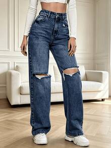 Vaqueros casuales de moda para mujer, nuevos vaqueros rectos con acabado lavado. - 2027 azul - Ver 1