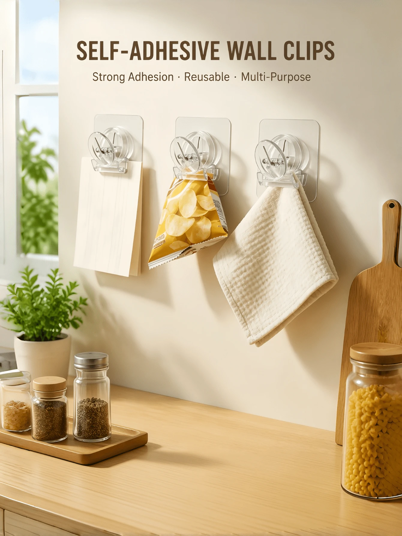 Transparent Self-Adhesive Wall-Mounted Spring Clips, No-Drill Strong Adhesive Wall Clips, Reusable Multi-Purpose Clips For Snack Bags, Towels, Notes, Kitchen Bathroom Home Storage - Multiple Styles - View 1