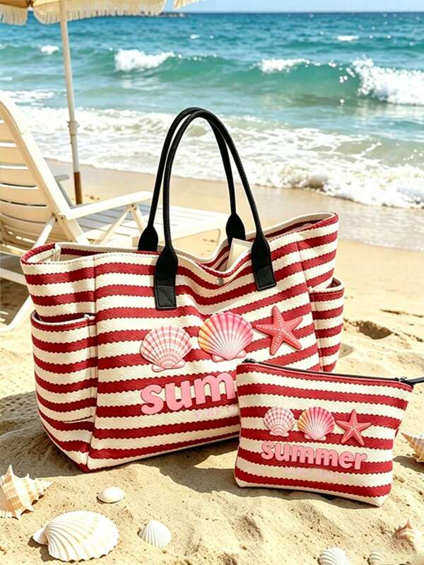 1/2pcs/Set Striped Tote Bag & Makeup Bag, Printed With "Summer" Pattern, Suitable For Vacation, Travel, Commute, Shopping, Gift For Family And Friends
